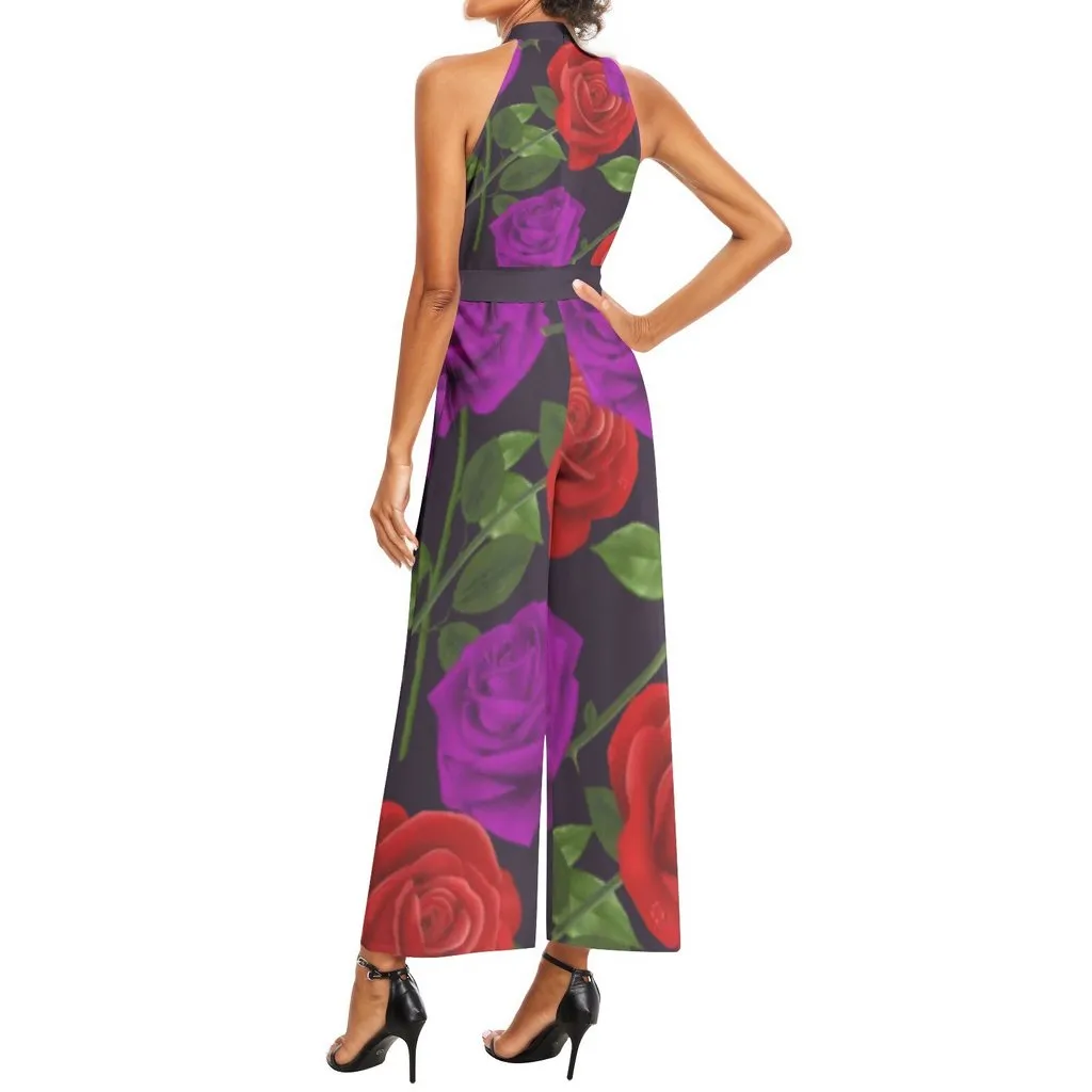 Red Rose Purp Halter Neck Buckle Belted Jumpsuit