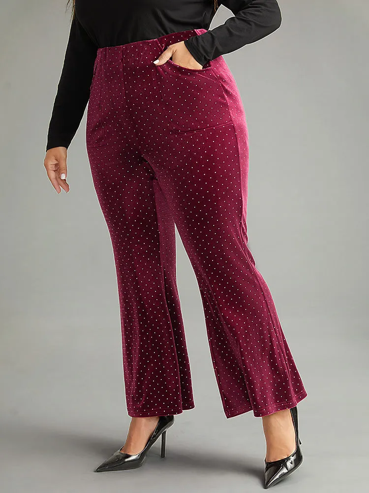 Rhinestone Velvet Polka Dot Flare Leg Pants