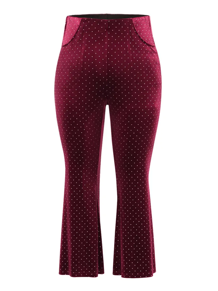 Rhinestone Velvet Polka Dot Flare Leg Pants
