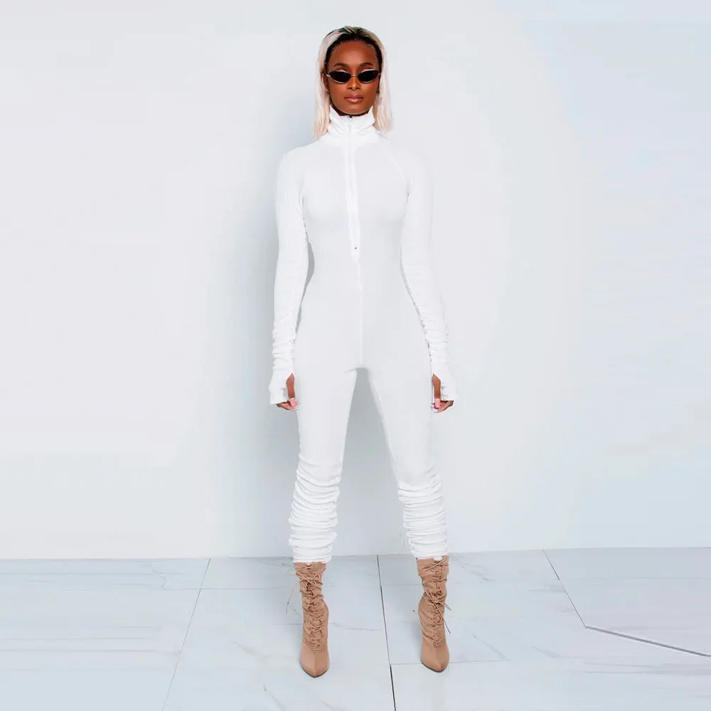 Rib Jumpsuit For Women Zipper Long Sleeve Rompers Casual Outfits