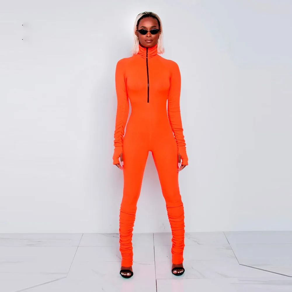 Rib Jumpsuit For Women Zipper Long Sleeve Rompers Casual Outfits