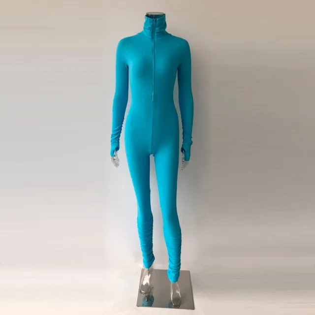 Rib Jumpsuit For Women Zipper Long Sleeve Rompers Casual Outfits