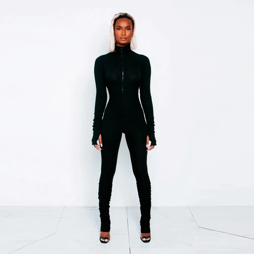 Rib Jumpsuit For Women Zipper Long Sleeve Rompers Casual Outfits