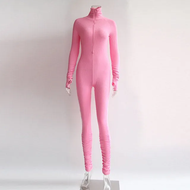 Rib Jumpsuit For Women Zipper Long Sleeve Rompers Casual Outfits