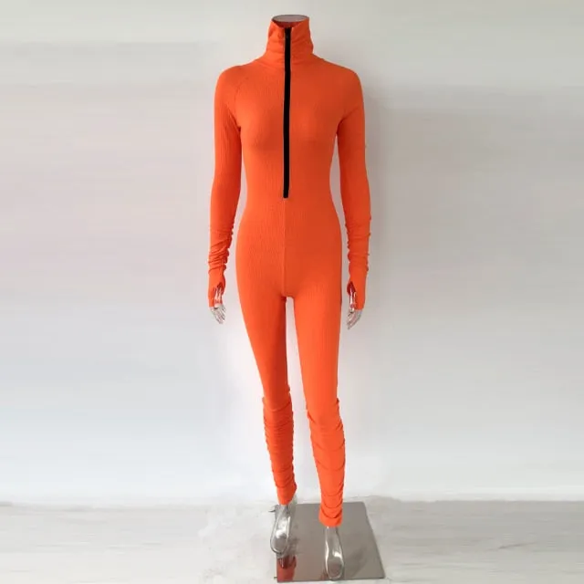 Rib Jumpsuit For Women Zipper Long Sleeve Rompers Casual Outfits