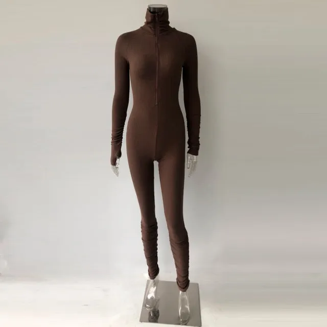 Rib Jumpsuit For Women Zipper Long Sleeve Rompers Casual Outfits