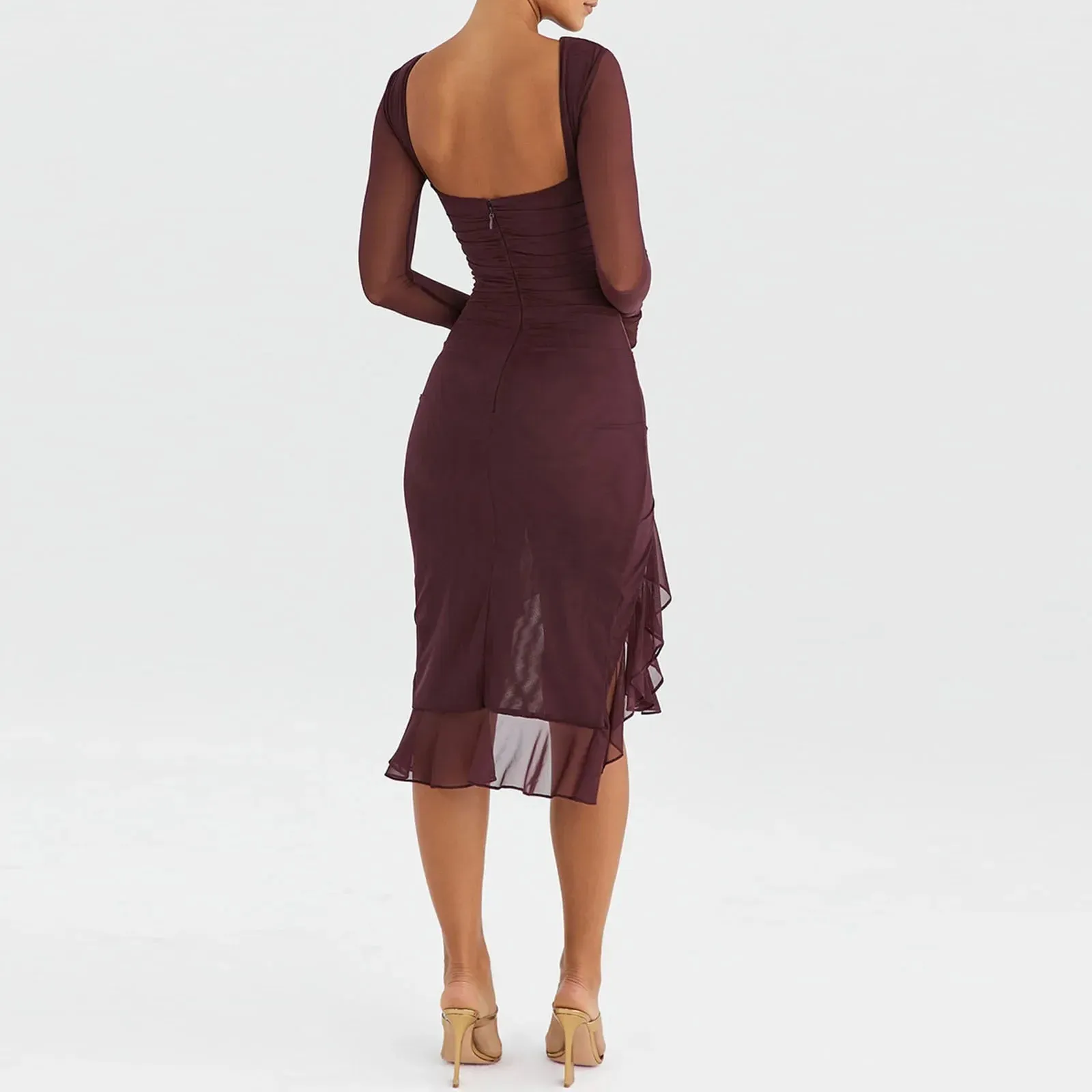 Ruffle Hem Mermaid Bodycon Mesh Long Sleeve Tail Spring Fall Cocktail Elegant Vestidos Midi Dress for Women