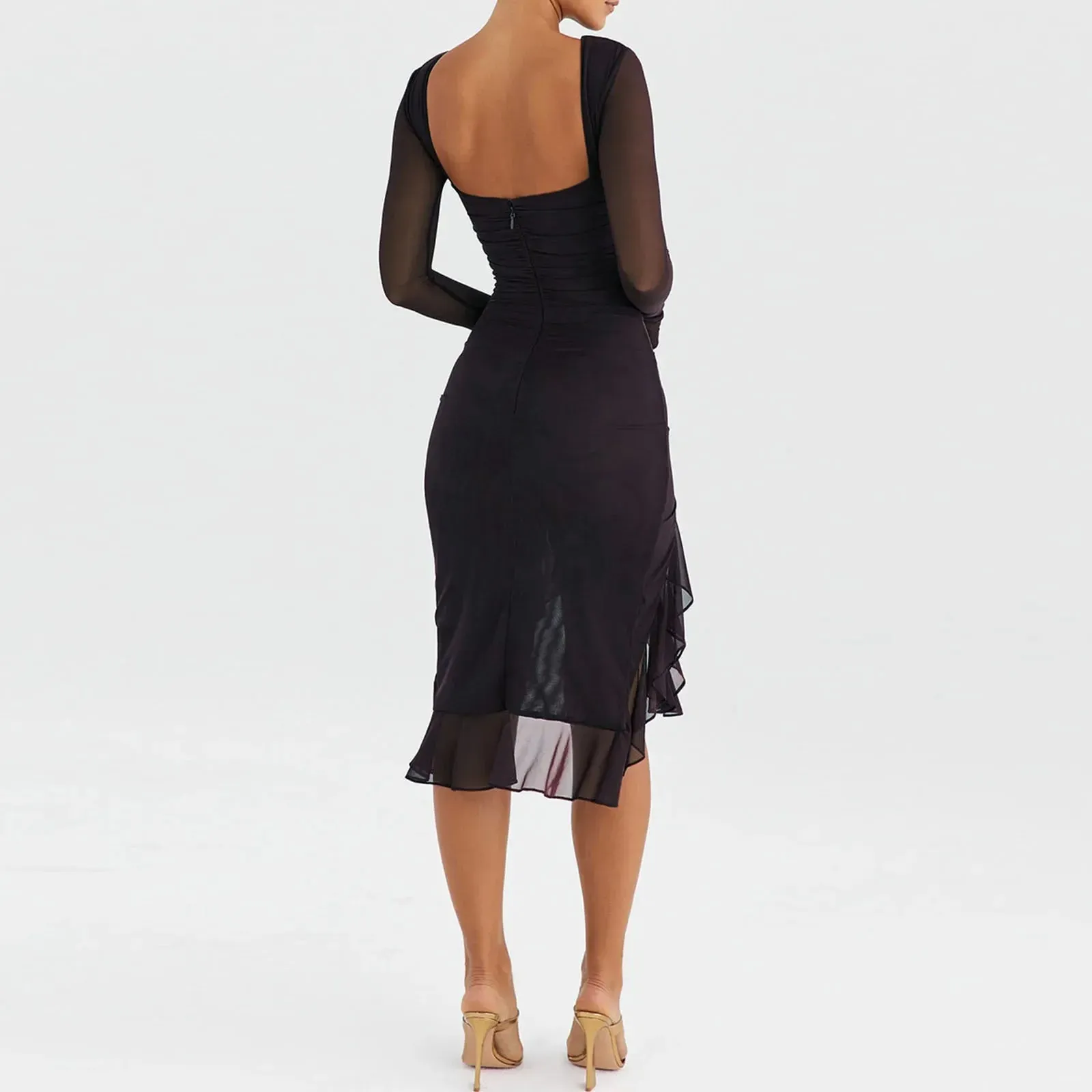 Ruffle Hem Mermaid Bodycon Mesh Long Sleeve Tail Spring Fall Cocktail Elegant Vestidos Midi Dress for Women
