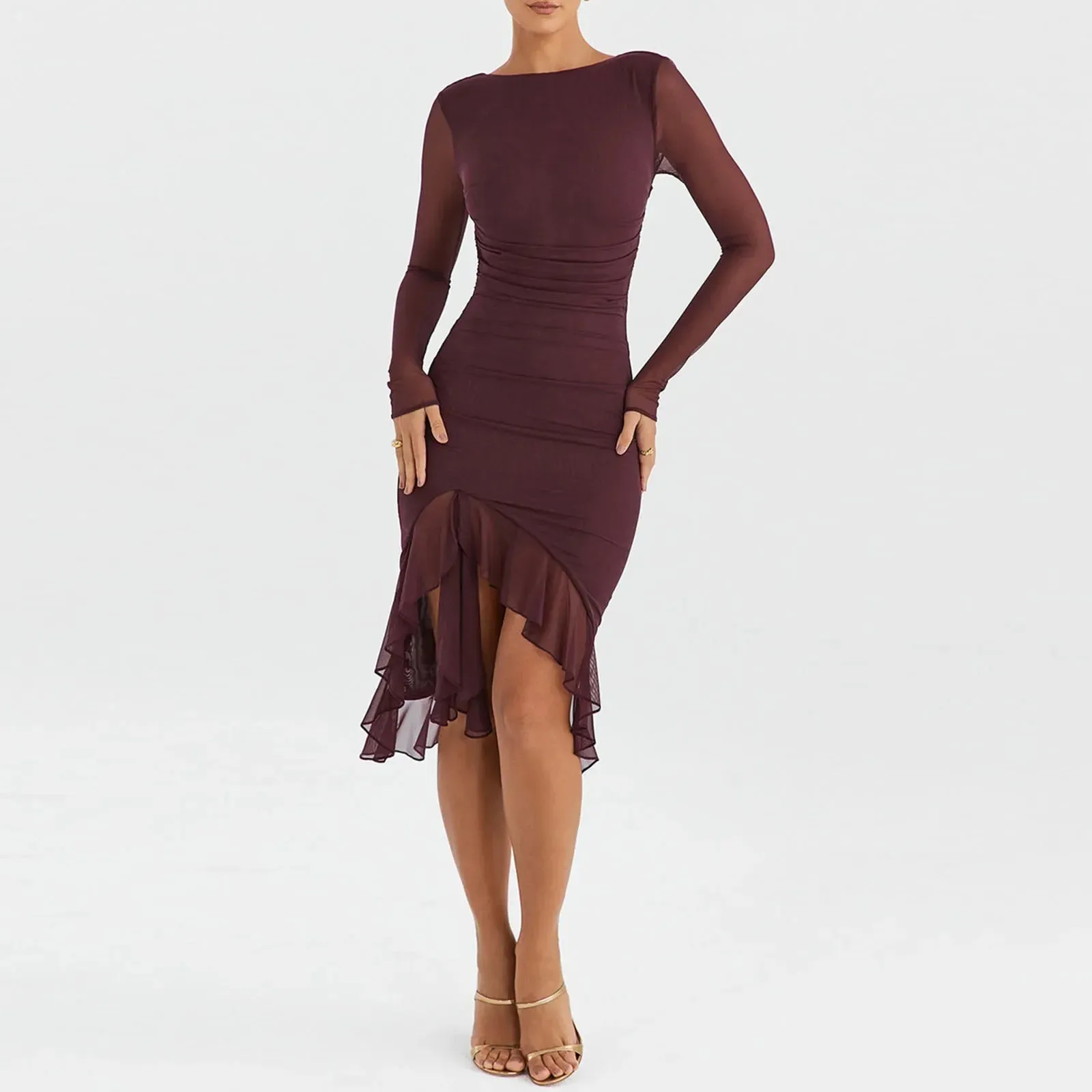 Ruffle Hem Mermaid Bodycon Mesh Long Sleeve Tail Spring Fall Cocktail Elegant Vestidos Midi Dress for Women