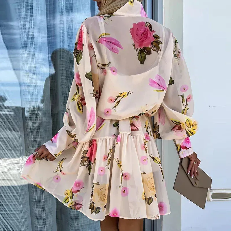 Ruffles A-line Elegant Long Sleeve Stand Collar Lace-up Slim Print Floral Button Dress