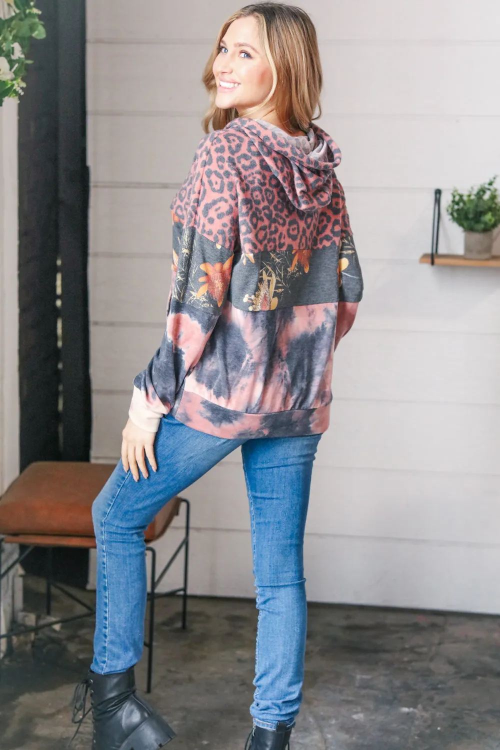 Rust Animal Print Floral Colorblock Hoodie