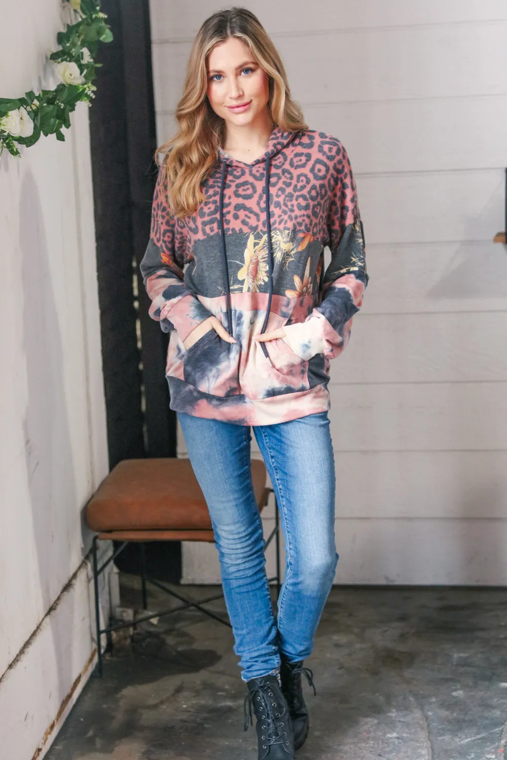 Rust Animal Print Floral Colorblock Hoodie