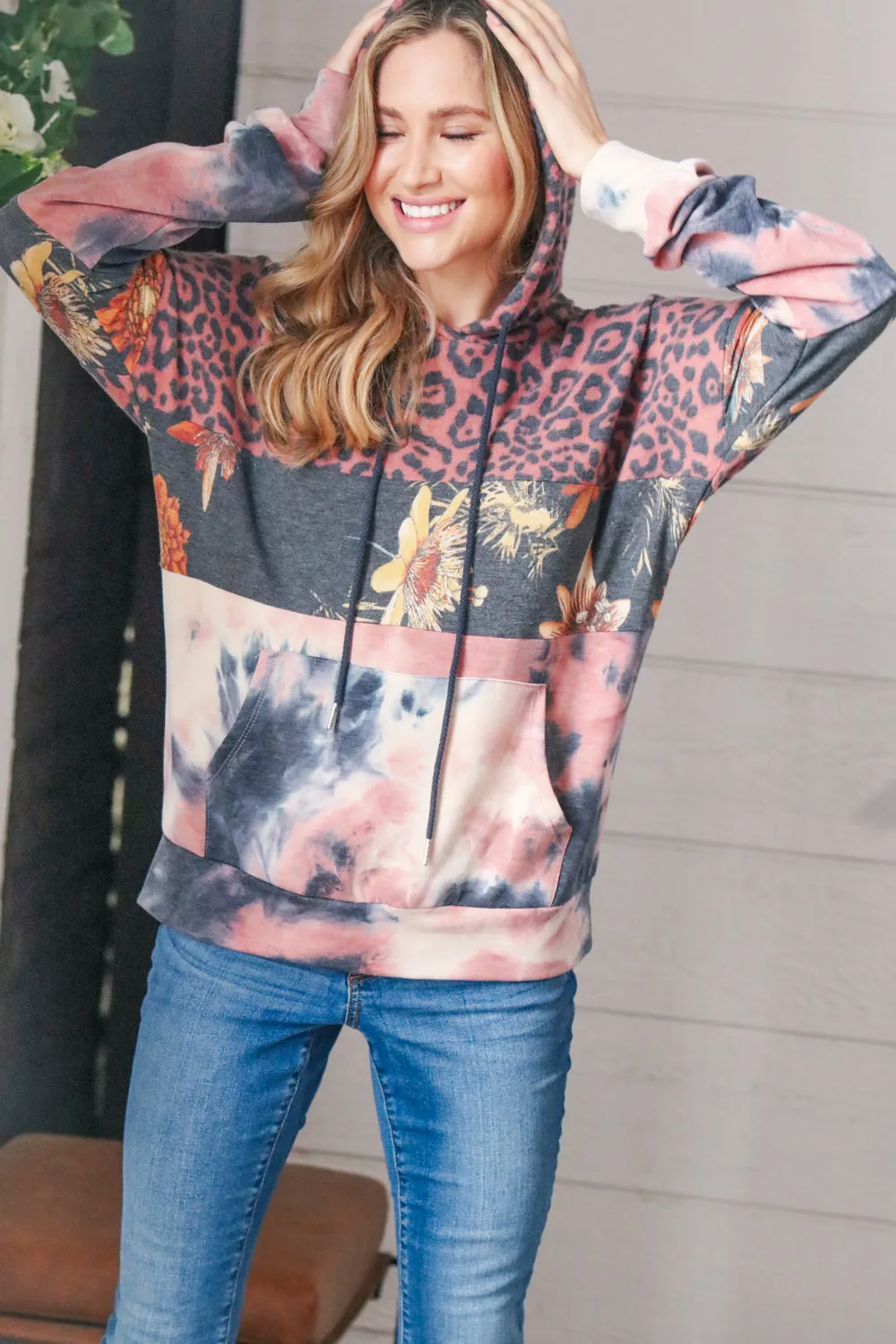 Rust Animal Print Floral Colorblock Hoodie
