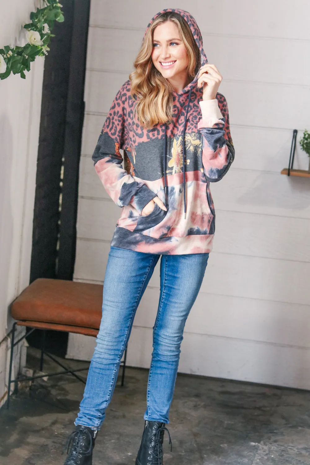 Rust Animal Print Floral Colorblock Hoodie