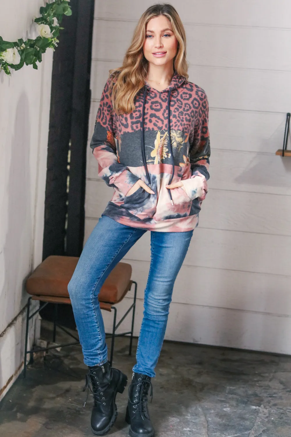 Rust Animal Print Floral Colorblock Hoodie