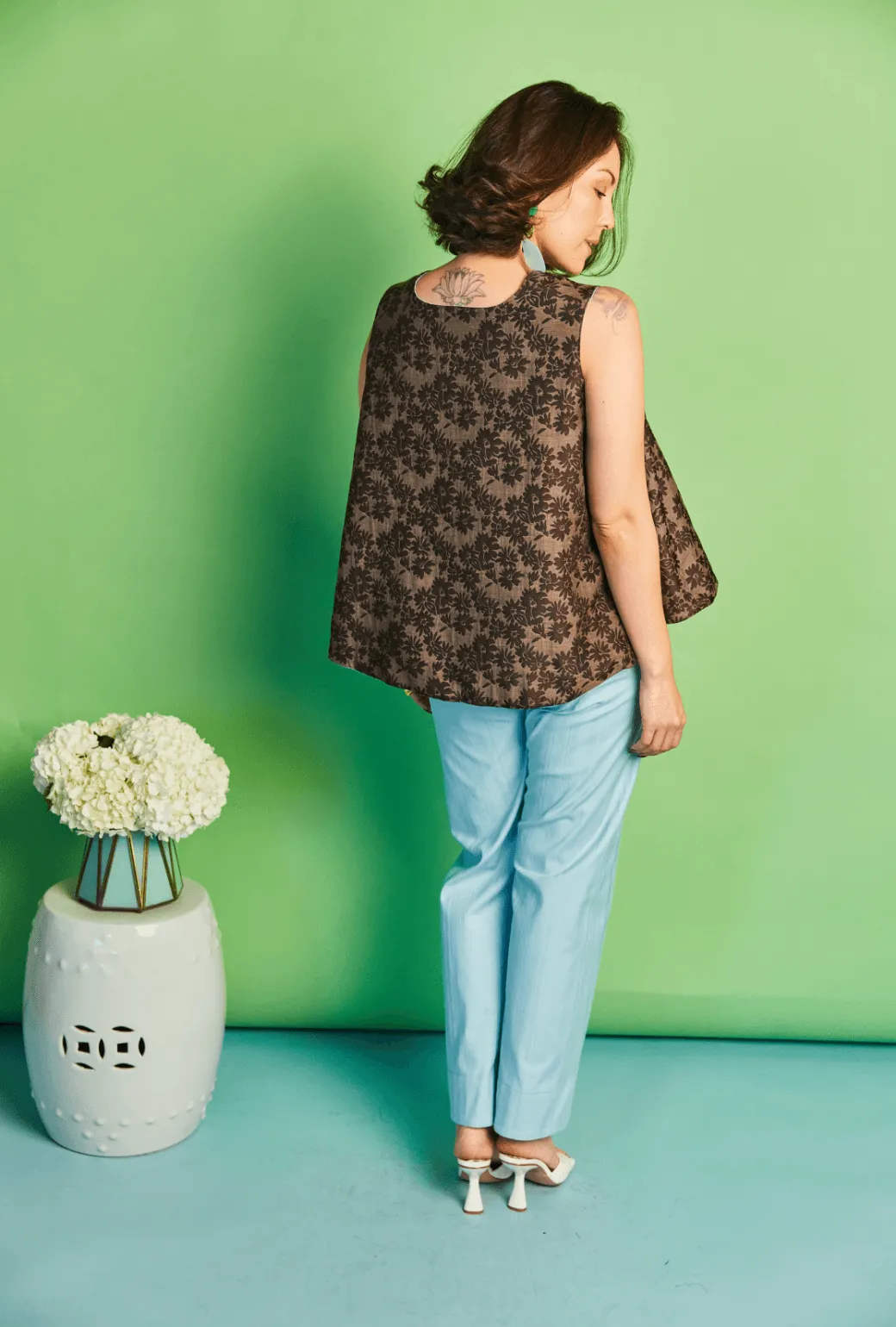 SAMPLE - Reversible Swing Top -  Aqua Faille and Chocolate Jacquard