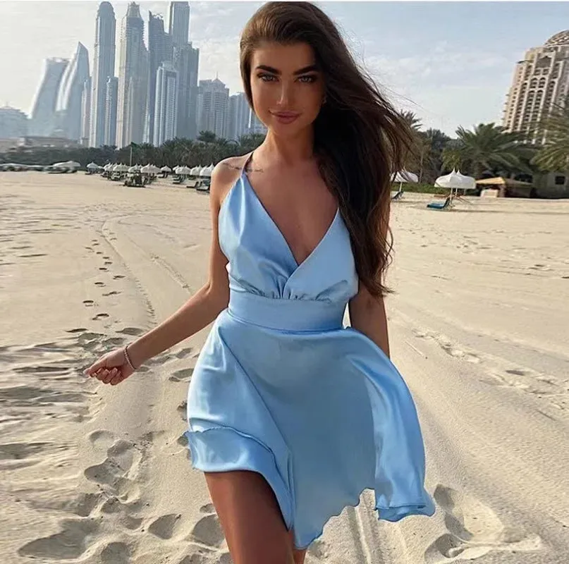 Straps Backless Elegant Sleeveless V-Neck Party Spaghetti Satin Bodycon 2024 Sexy Dress