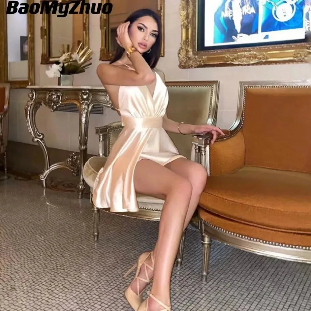Straps Backless Elegant Sleeveless V-Neck Party Spaghetti Satin Bodycon 2024 Sexy Dress