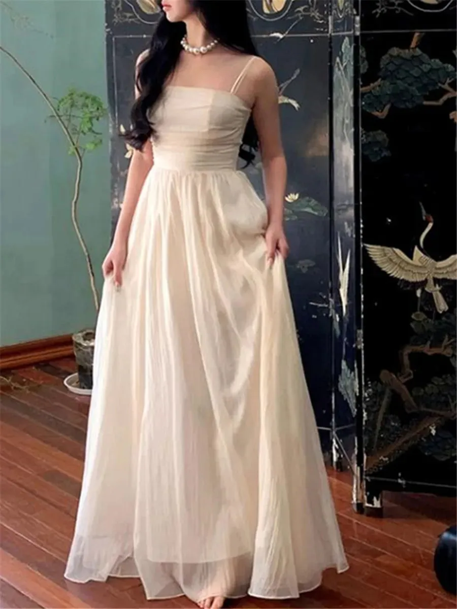 Straps Dress Women Elegant Sleeveless Summer Fashion Evening Party French Spring Folds Midi Vestido Vintage Female Clothing