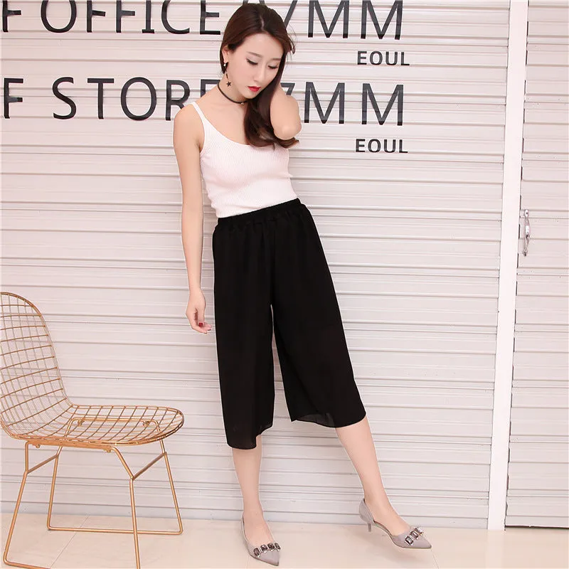 Summer Women Three Quarter Chiffon Wide Leg Pants Korean Double Layer Casual Loose Plus Size Thin Pleated Culottes