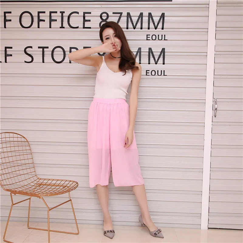 Summer Women Three Quarter Chiffon Wide Leg Pants Korean Double Layer Casual Loose Plus Size Thin Pleated Culottes