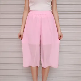 Summer Women Three Quarter Chiffon Wide Leg Pants Korean Double Layer Casual Loose Plus Size Thin Pleated Culottes