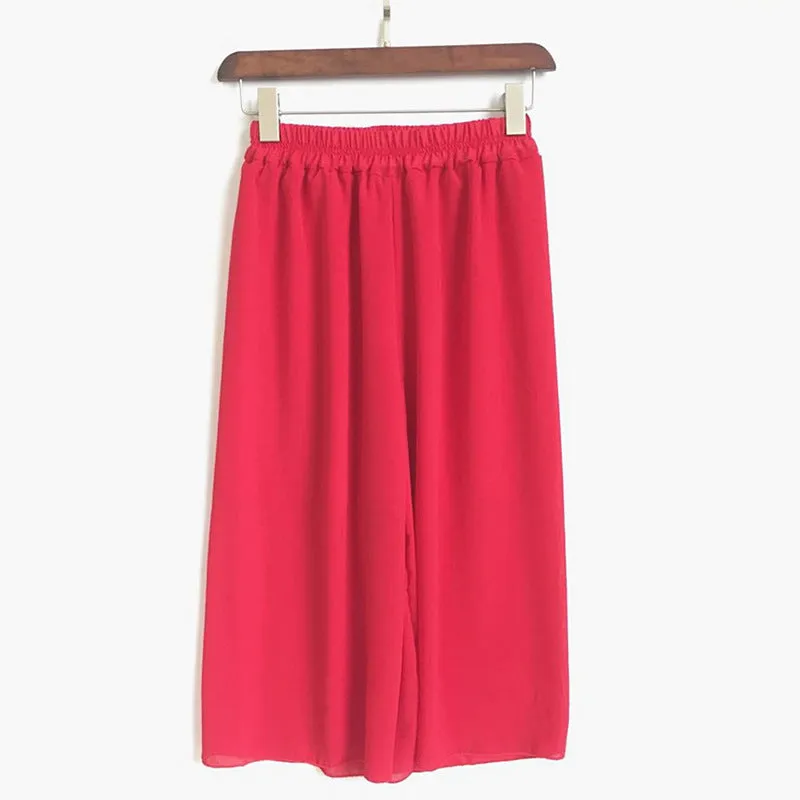 Summer Women Three Quarter Chiffon Wide Leg Pants Korean Double Layer Casual Loose Plus Size Thin Pleated Culottes