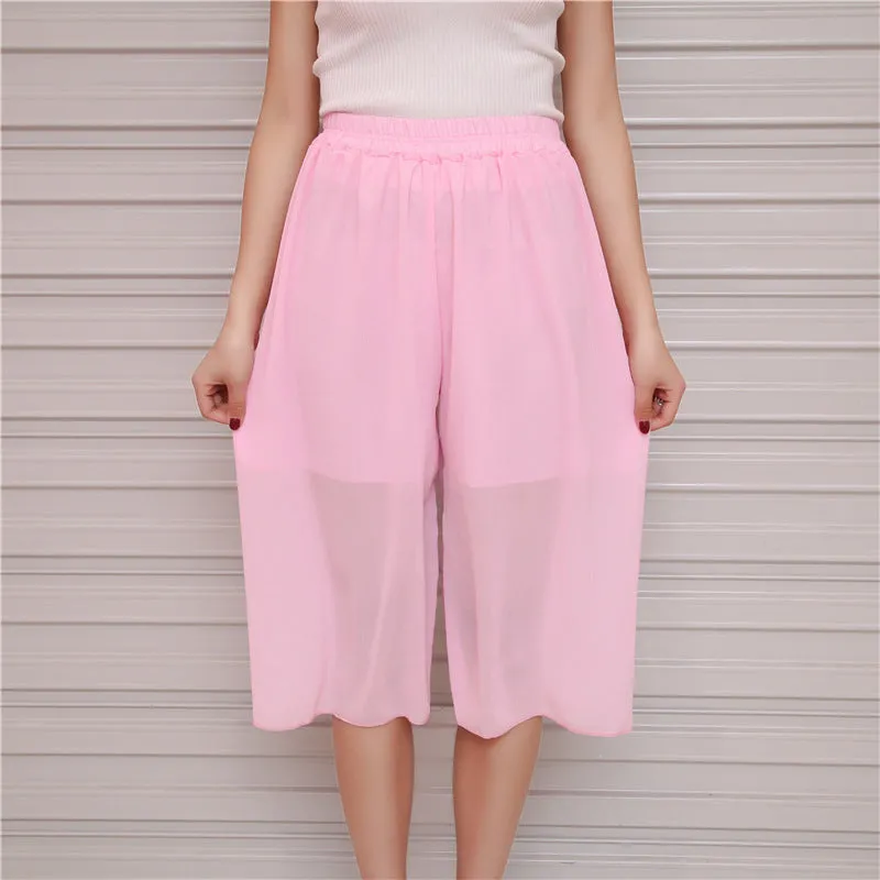 Summer Women Three Quarter Chiffon Wide Leg Pants Korean Double Layer Casual Loose Plus Size Thin Pleated Culottes