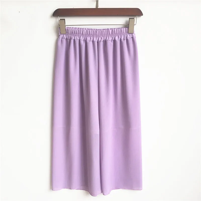 Summer Women Three Quarter Chiffon Wide Leg Pants Korean Double Layer Casual Loose Plus Size Thin Pleated Culottes