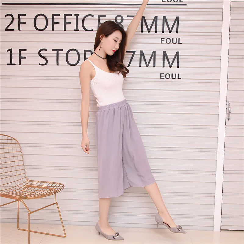 Summer Women Three Quarter Chiffon Wide Leg Pants Korean Double Layer Casual Loose Plus Size Thin Pleated Culottes