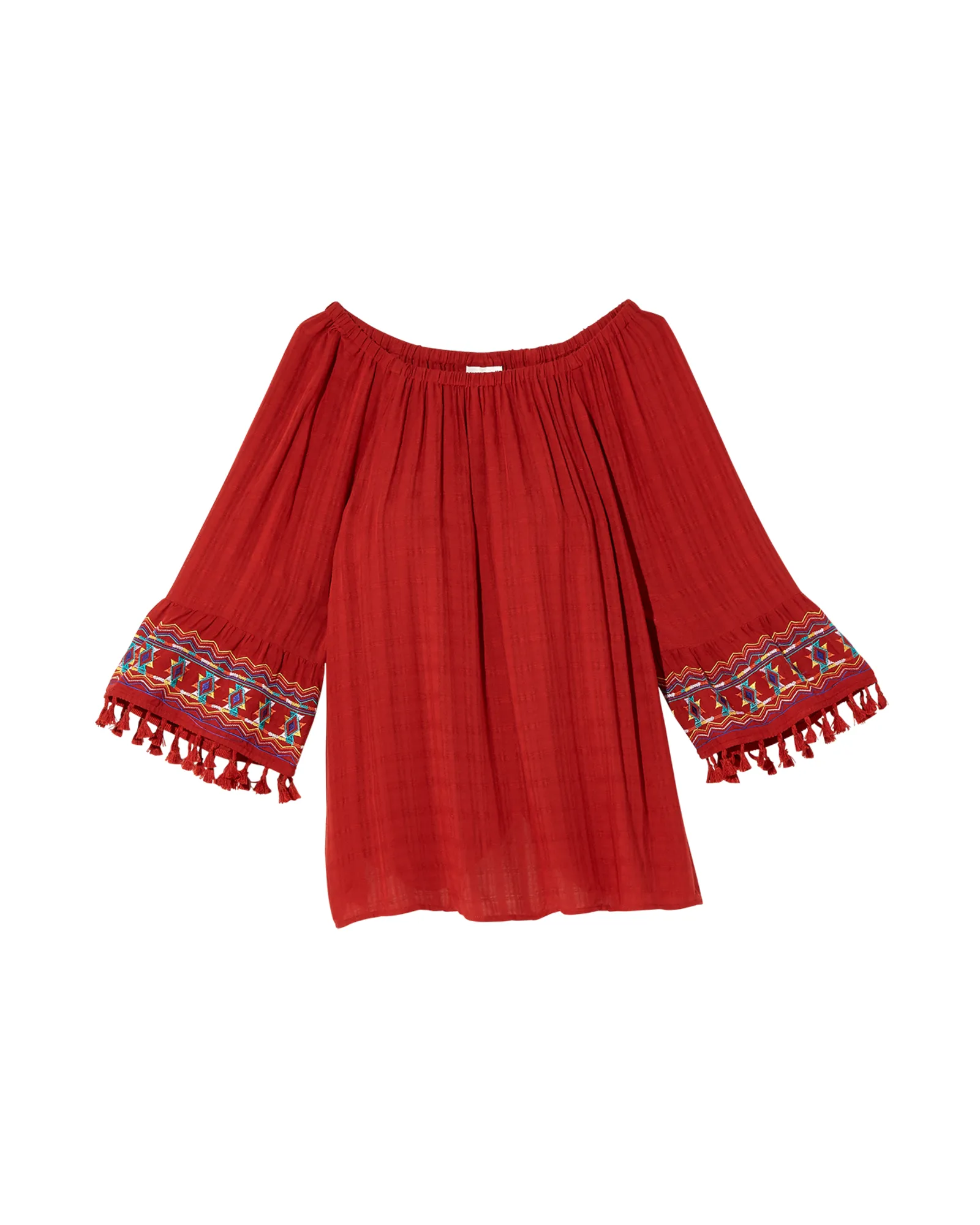 Susan Peasant Top with Tassel Sleeve Detail | Red