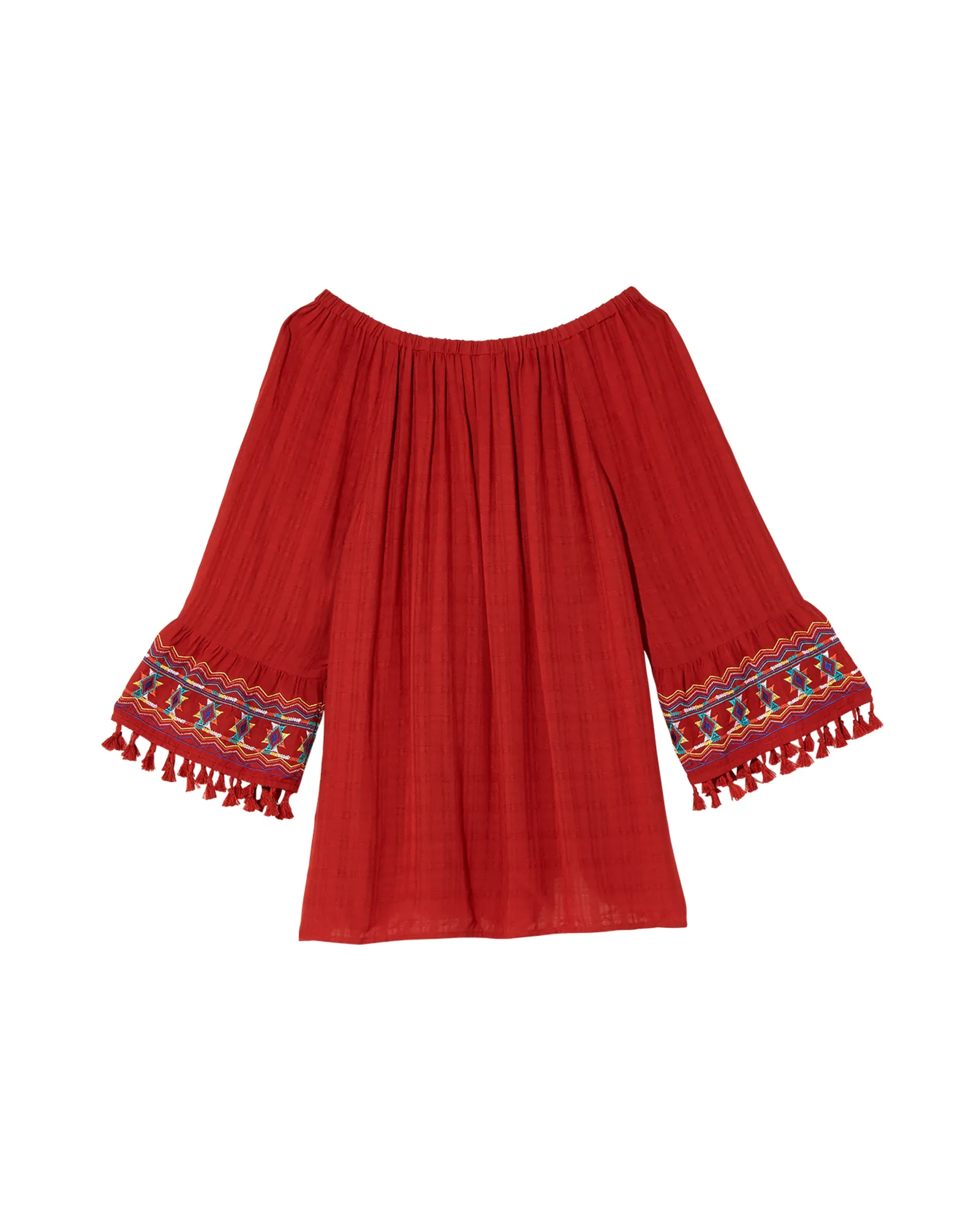 Susan Peasant Top with Tassel Sleeve Detail | Red