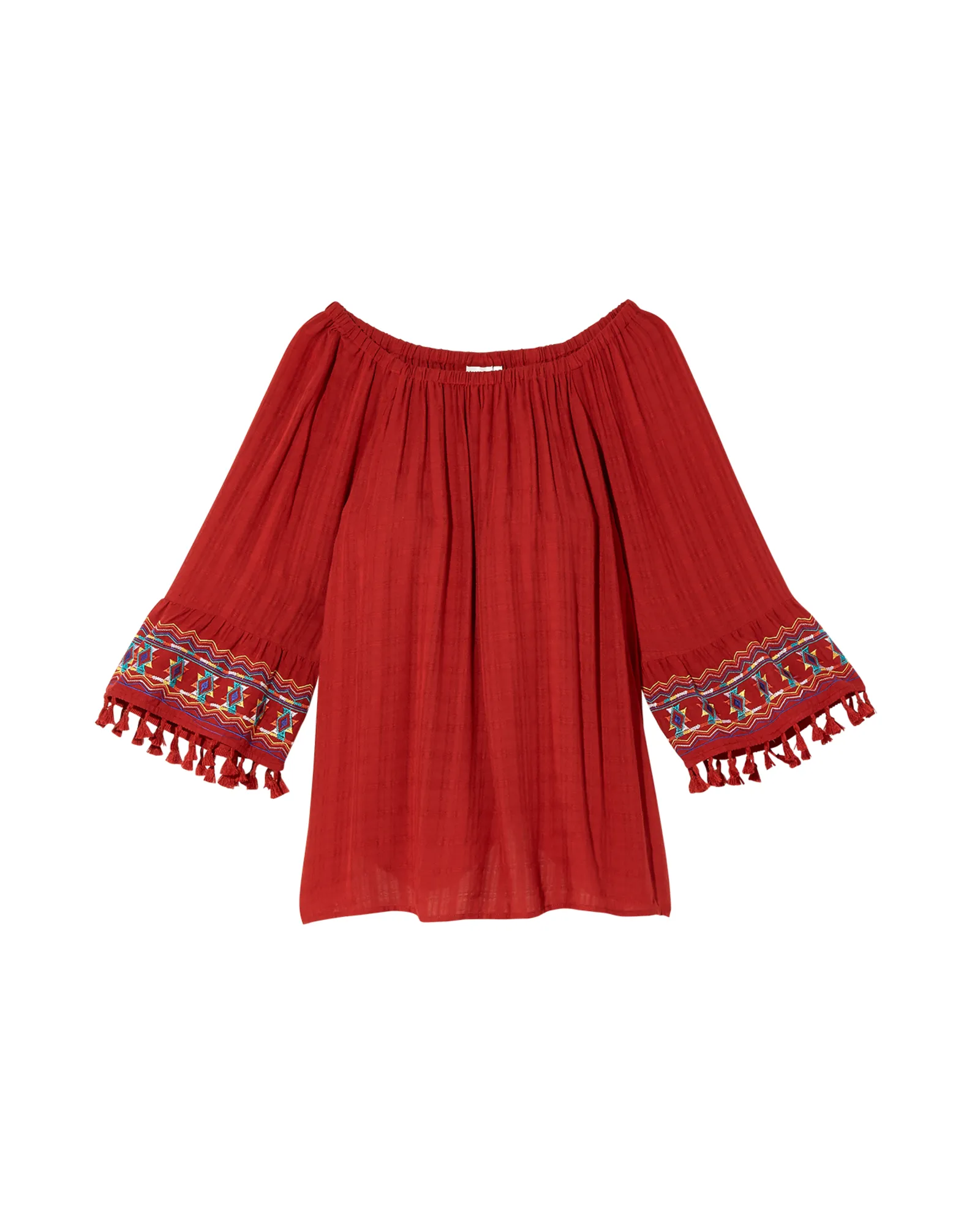 Susan Peasant Top with Tassel Sleeve Detail | Red
