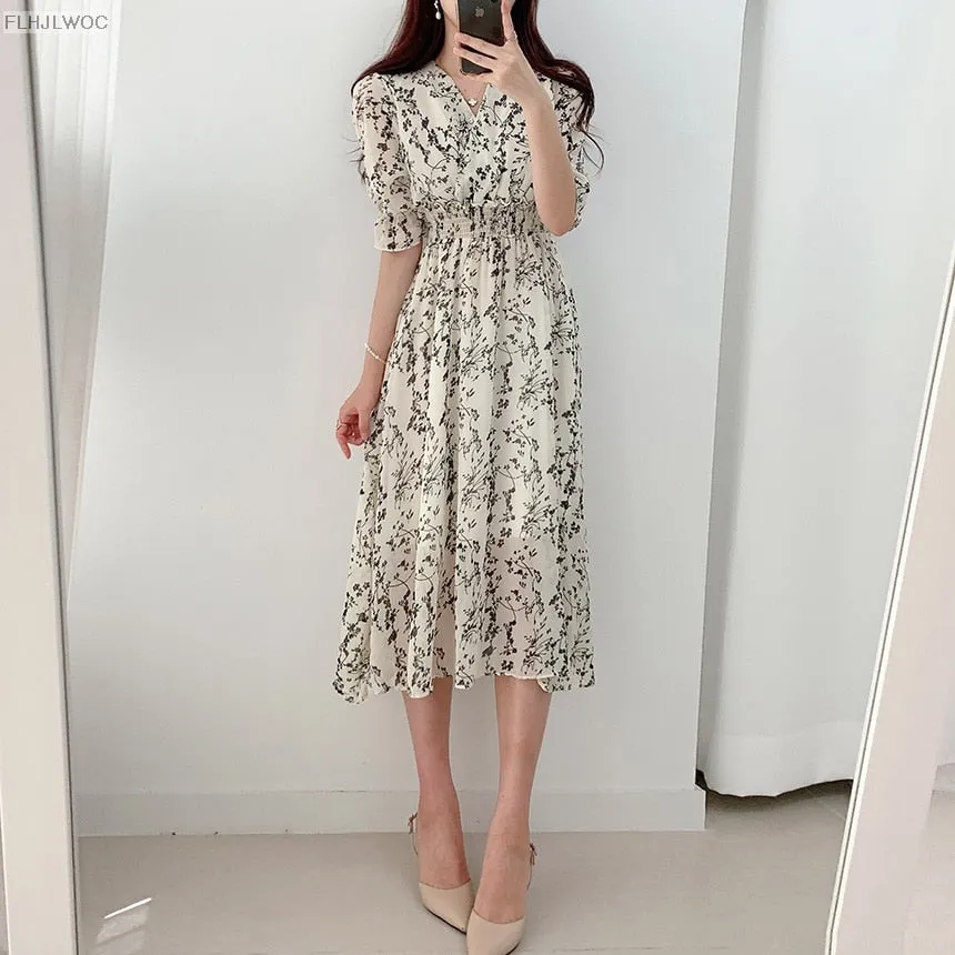 Sweet romantic floral embroidered elegant V-neck dress