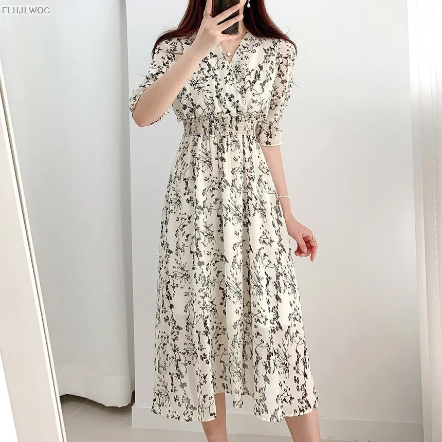 Sweet romantic floral embroidered elegant V-neck dress