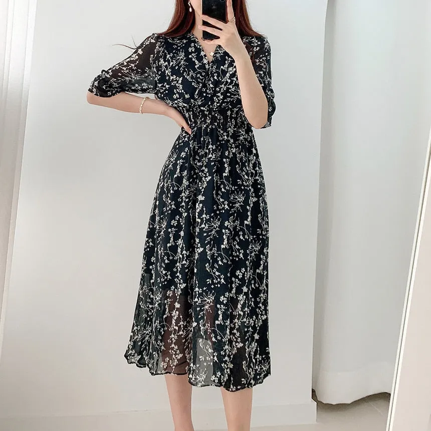 Sweet romantic floral embroidered elegant V-neck dress