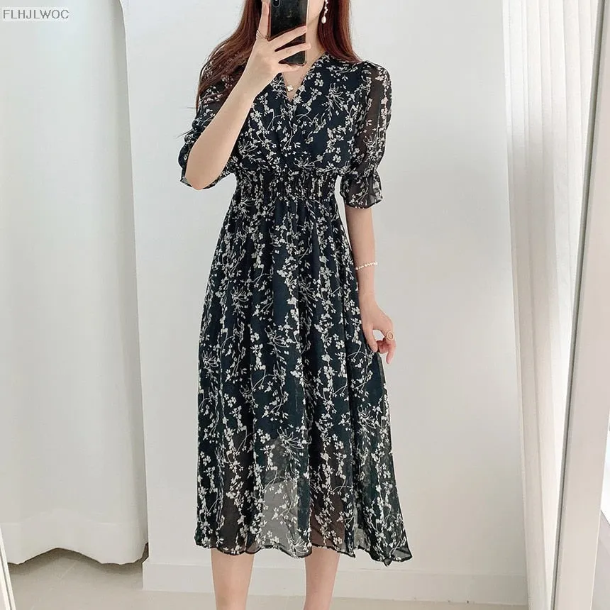 Sweet romantic floral embroidered elegant V-neck dress