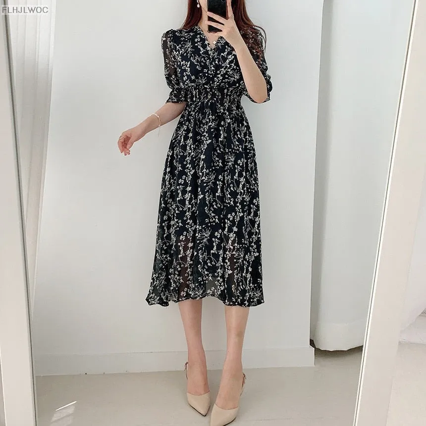 Sweet romantic floral embroidered elegant V-neck dress