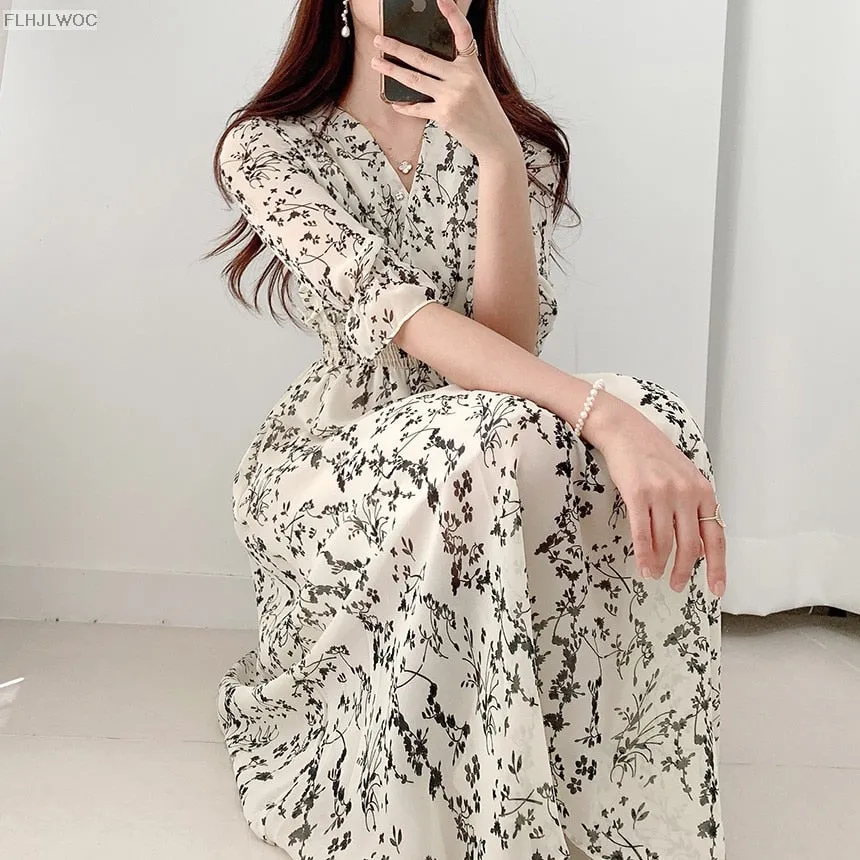 Sweet romantic floral embroidered elegant V-neck dress