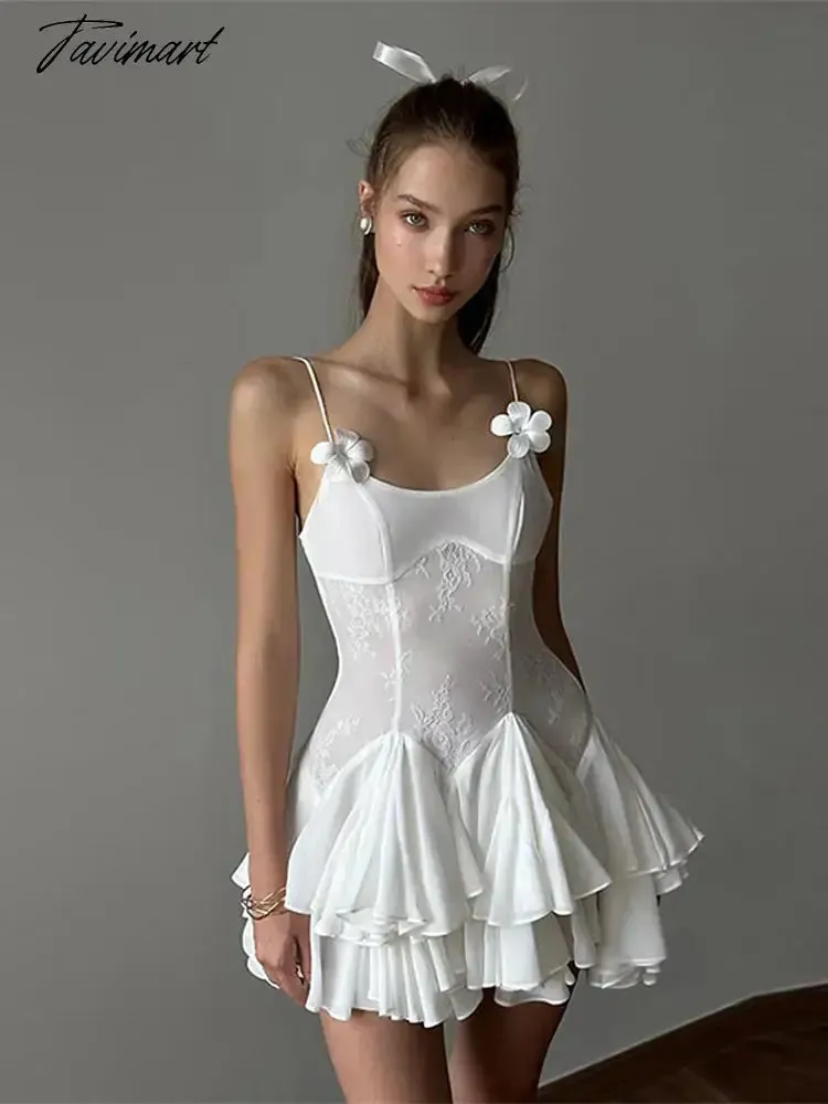 TAVIMART -  2024 Elegant Lace Patchwork Sling Mini Dress Women Fashion Sleeveless Stack Ruffle Vestidos Spring Lady Elegant Party Club Gown