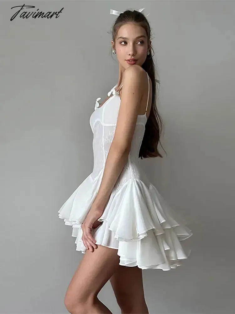 TAVIMART -  2024 Elegant Lace Patchwork Sling Mini Dress Women Fashion Sleeveless Stack Ruffle Vestidos Spring Lady Elegant Party Club Gown