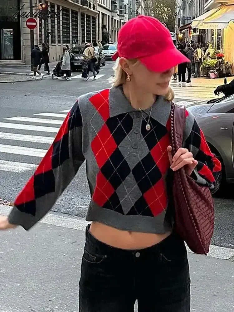 TAVIMART Elegant Grid Contrast Knitted Sweater For Women Fashion Lapel Full Sleeve Short Pullover Chic Female Office Warm Lady Tops 224