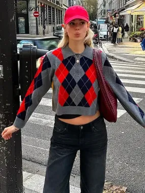TAVIMART Elegant Grid Contrast Knitted Sweater For Women Fashion Lapel Full Sleeve Short Pullover Chic Female Office Warm Lady Tops 224