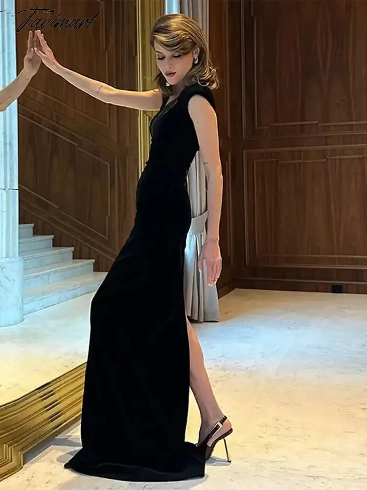 TAVIMART -  Fashion Asymmetric Women Sleeveless Maxi Dress Elegant Diagonal Collar Mesh Patchwork Dresses Lady Sexy High Street Robes