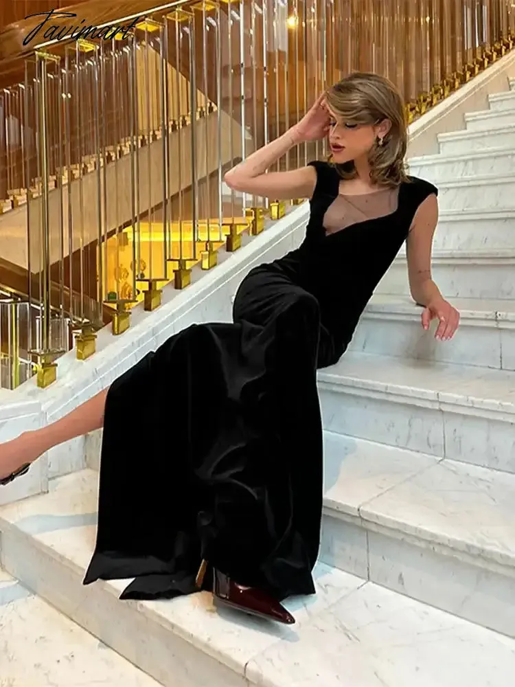 TAVIMART -  Fashion Asymmetric Women Sleeveless Maxi Dress Elegant Diagonal Collar Mesh Patchwork Dresses Lady Sexy High Street Robes