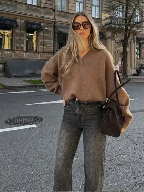 TAVIMART  -  Women Elegant Solid V Neck Knitted Sweater Women Fashion Long Sleeve Casual Loose Pullover Autumn Wenter Lady High Streetswear