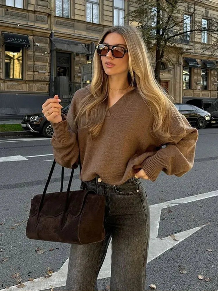 TAVIMART  -  Women Elegant Solid V Neck Knitted Sweater Women Fashion Long Sleeve Casual Loose Pullover Autumn Wenter Lady High Streetswear