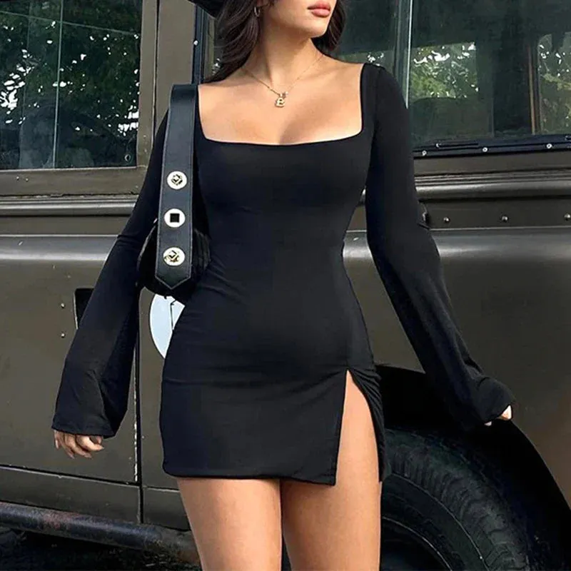 Uniwim Elegant Square Neck Slit Flare Sleeve Dress