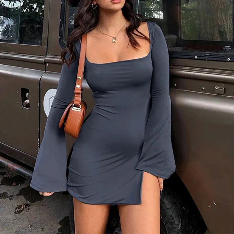 Uniwim Elegant Square Neck Slit Flare Sleeve Dress