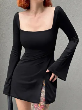 Uniwim Elegant Square Neck Slit Flare Sleeve Dress